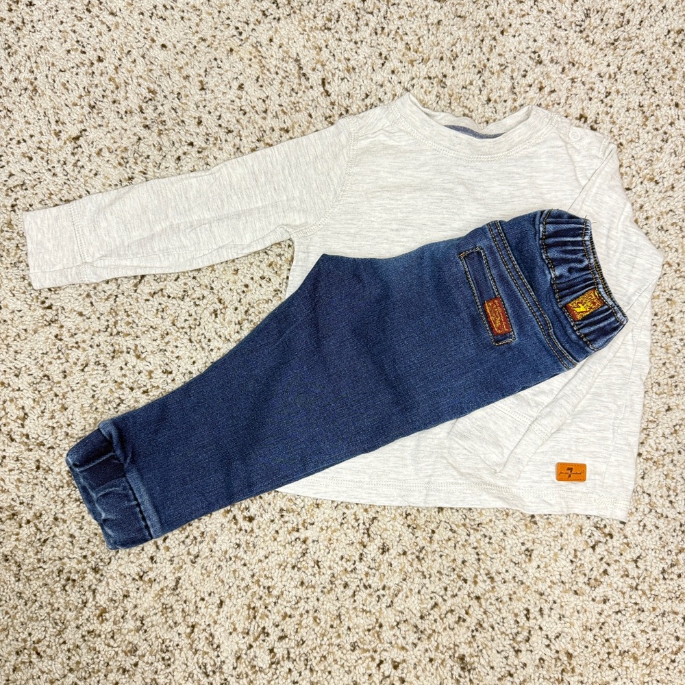 7 For All Mankind Baby Boy’s Blue Jogger Jeans + Gray Long Sleeve Shirt Size 18M